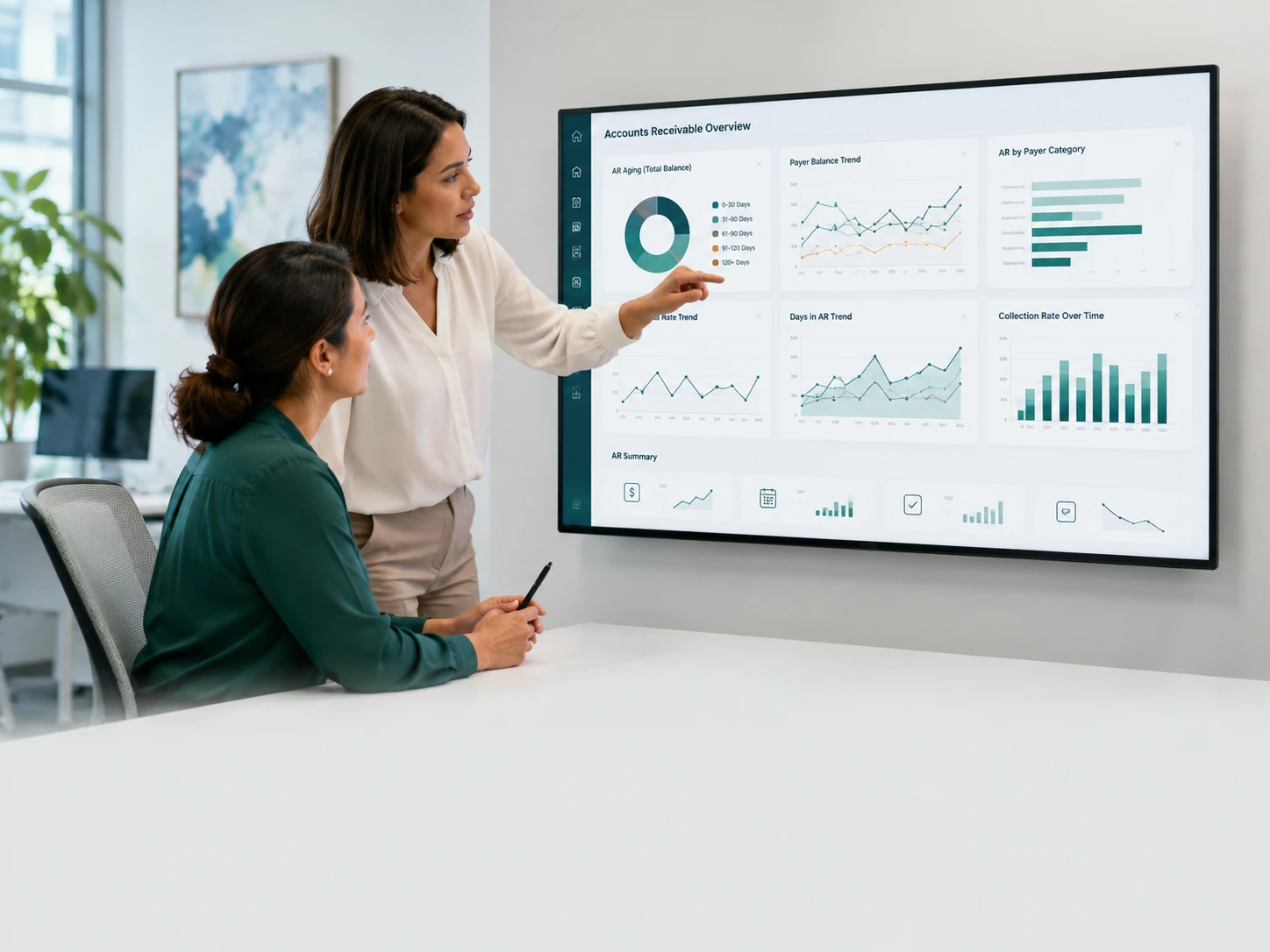 Healthcare billing specialists reviewing an accounts receivable aging report